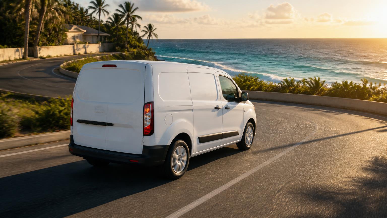 Courier vehicle travelling on a Barbados coastal road